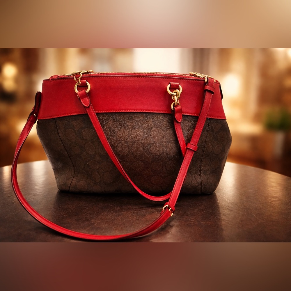 Coach Brown Signature Crossbody Bag with Red Trim - Picture 2 of 7